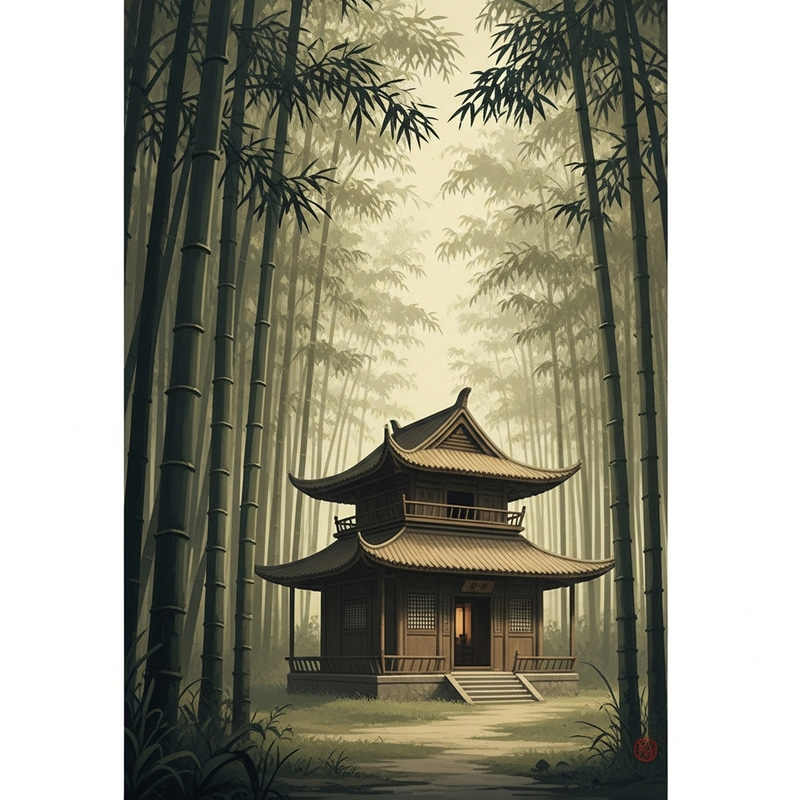Tranquil Bamboo Forest & Traditional Hut in Ancient China - Serene Scene Tranquil Bamboo Forest & Traditional Hut in Ancient China - Serene Scene