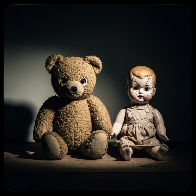 Ominous Teddy Bear and Doll Scene in Vintage Style Ominous Teddy Bear and Doll Scene in Vintage Style