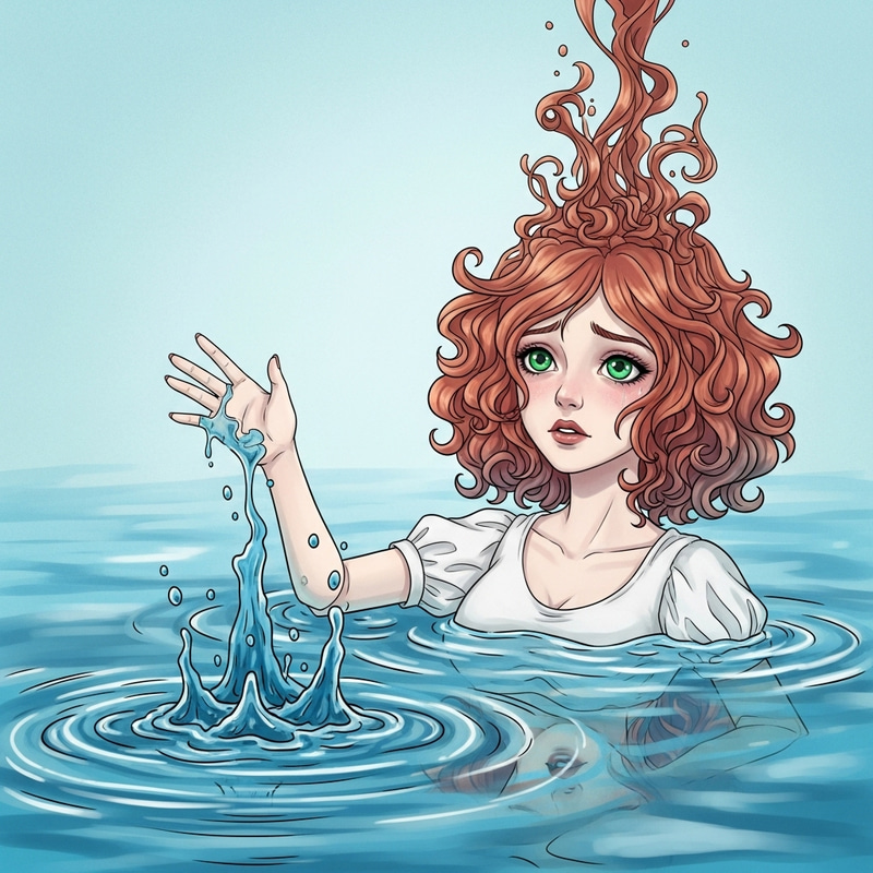 Despair Captured: Paper Doll with Red Curly Hair Sinking in Water Despair Captured: Paper Doll with Red Curly Hair Sinking in Water
