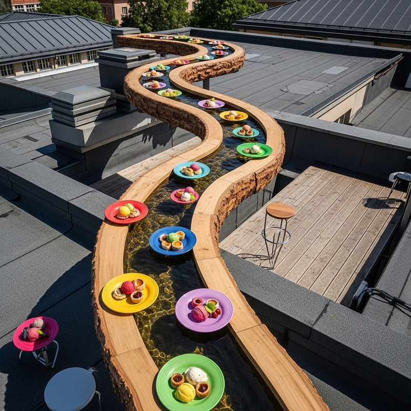 Colorful Sorbet Plates on Artistic Wooden Canal Table Colorful Sorbet Plates on Artistic Wooden Canal Table