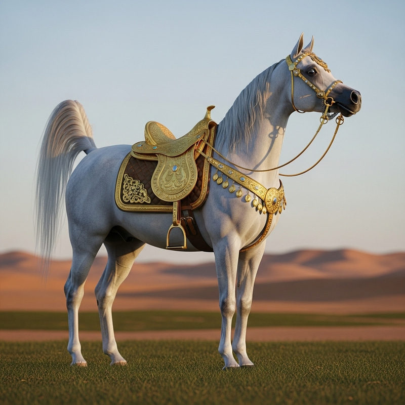 Proud Arabian White Horse with Golden Saddle and Bridle Proud Arabian White Horse with Golden Saddle and Bridle