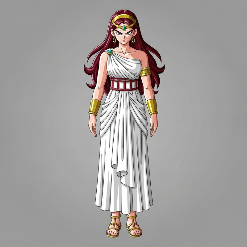 Saiyan Queen with Long Dark Red Hair, Diadem, and Greek-style Dress Saiyan Queen with Long Dark Red Hair, Diadem, and Greek-style Dress