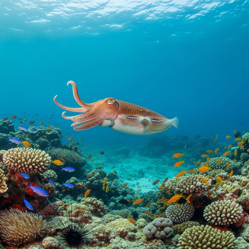 Vibrant Cuttlefish Swimming in the Deep Sea