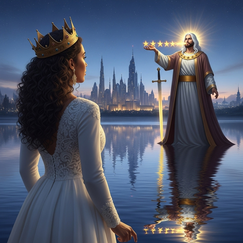 Elegant White Gown on Radiant Black Woman by Glowing Water