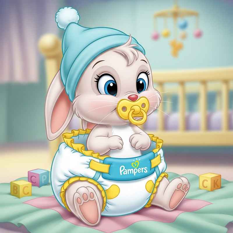 Cute Baby Rabbit in Diapers, Hat & Pacifier - Animated Cartoon Cute Baby Rabbit in Diapers, Hat & Pacifier - Animated Cartoon