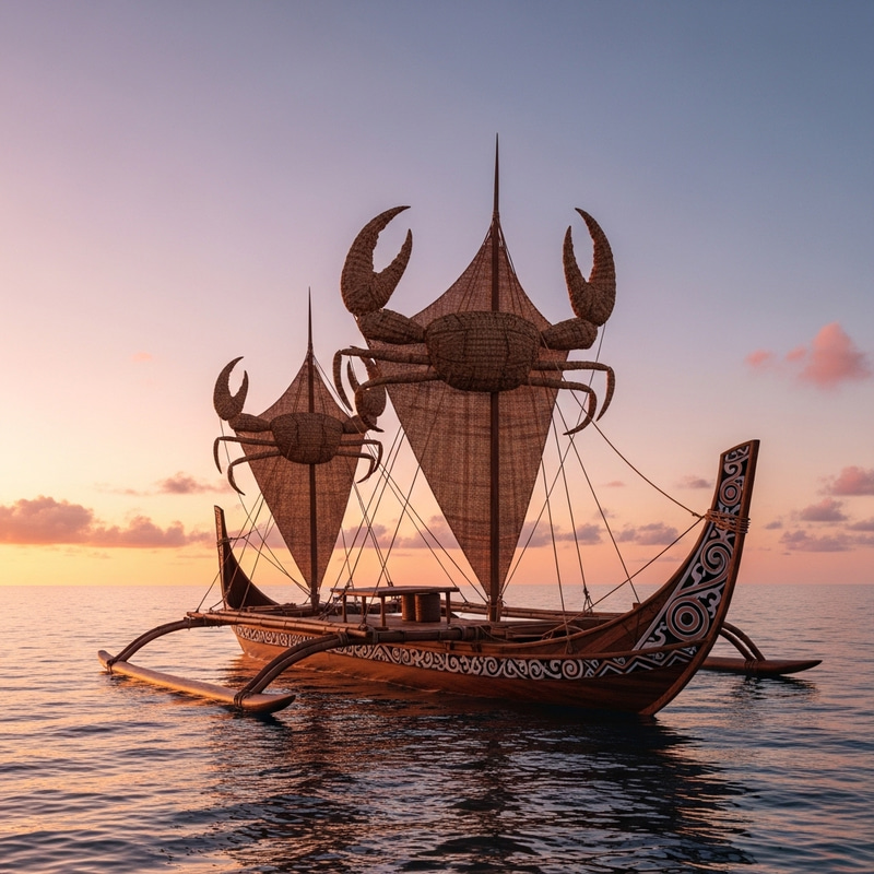 Traditional Lagatoi Canoe: Crafted with Tribal Markings and Sails Traditional Lagatoi Canoe: Crafted with Tribal Markings and Sails