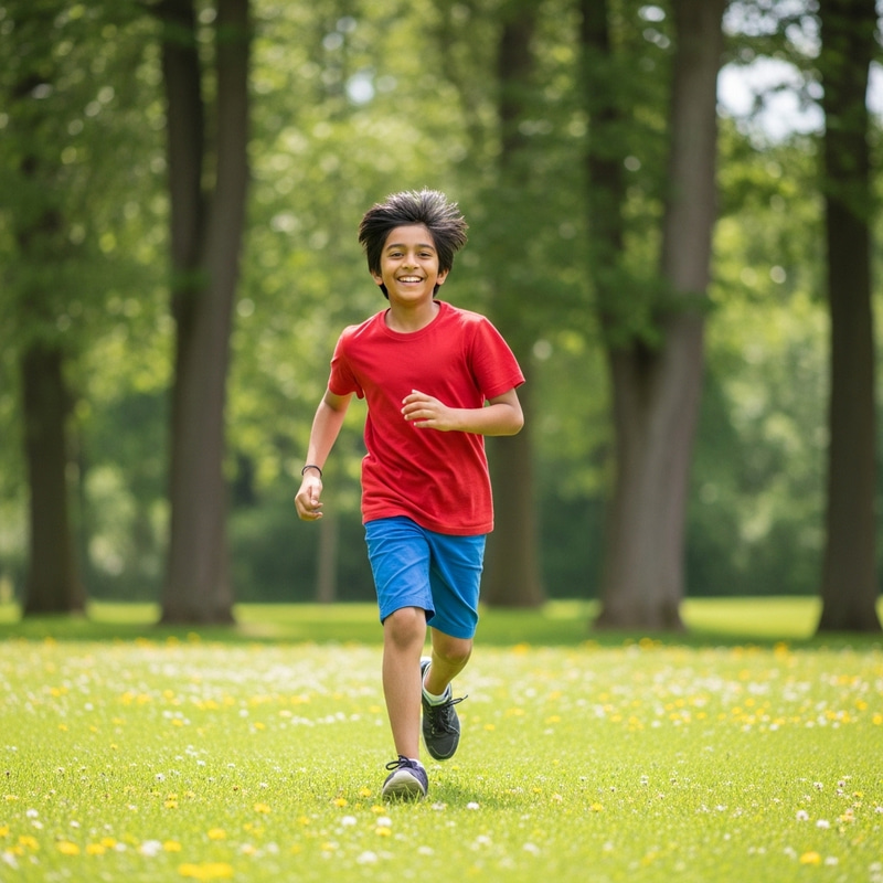Energetic Teen Boy Running Through Sunlit Field