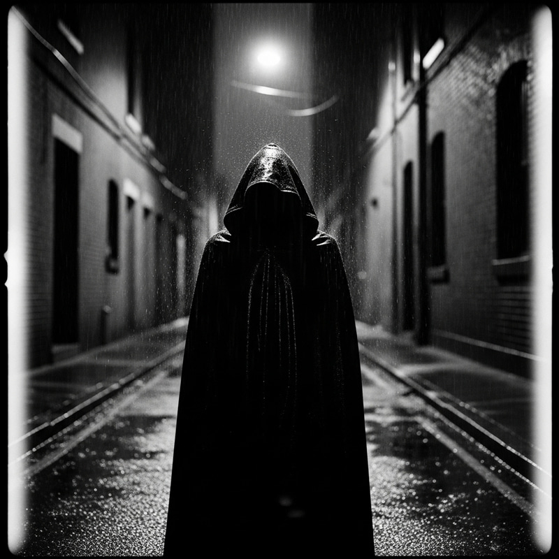 Film Noir Silhouette Photography | Enigmatic Figure in Dramatic Cloak Film Noir Silhouette Photography | Enigmatic Figure in Dramatic Cloak
