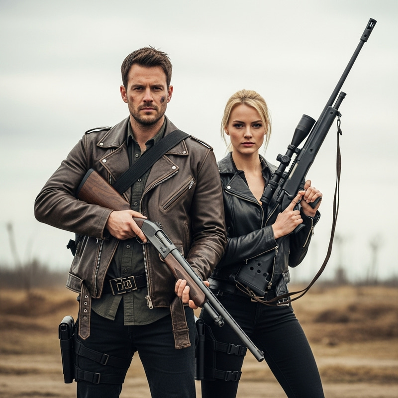 Post-Apocalyptic Resilience: Rugged Man & Blonde Sniper Woman Post-Apocalyptic Resilience: Rugged Man & Blonde Sniper Woman