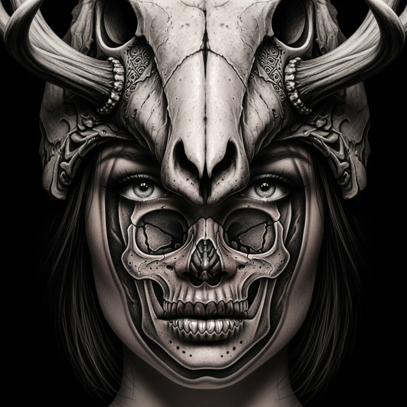 Woman's Face with Skull and Animal Head Helmet Realism Blackwork Tattoo
