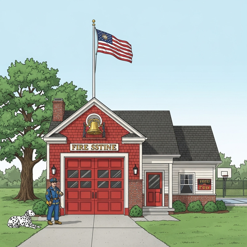 Classic Firehouse with Red Door and Brass Bell Classic Firehouse with Red Door and Brass Bell