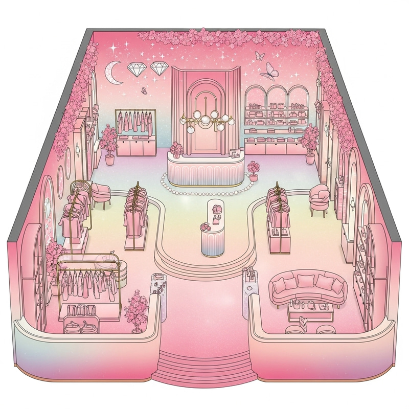 Luxurious Mermaid-Inspired Clothing Store with Peach-Pink Ombre Effect