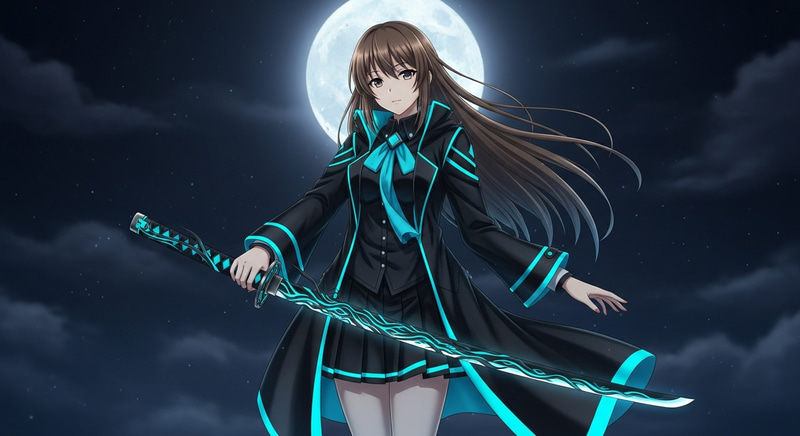 Anime Girl in Black & Luminous Cyan Long Coat with Bronze Hair