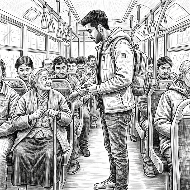 Kind Gesture: Man Offering Seat to Elderly Lady on Bus