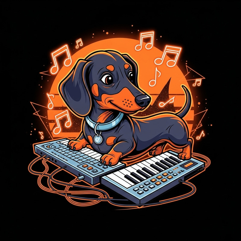 Neon 80s Dachshund Keyboard Soundboard Cartoon Illustration