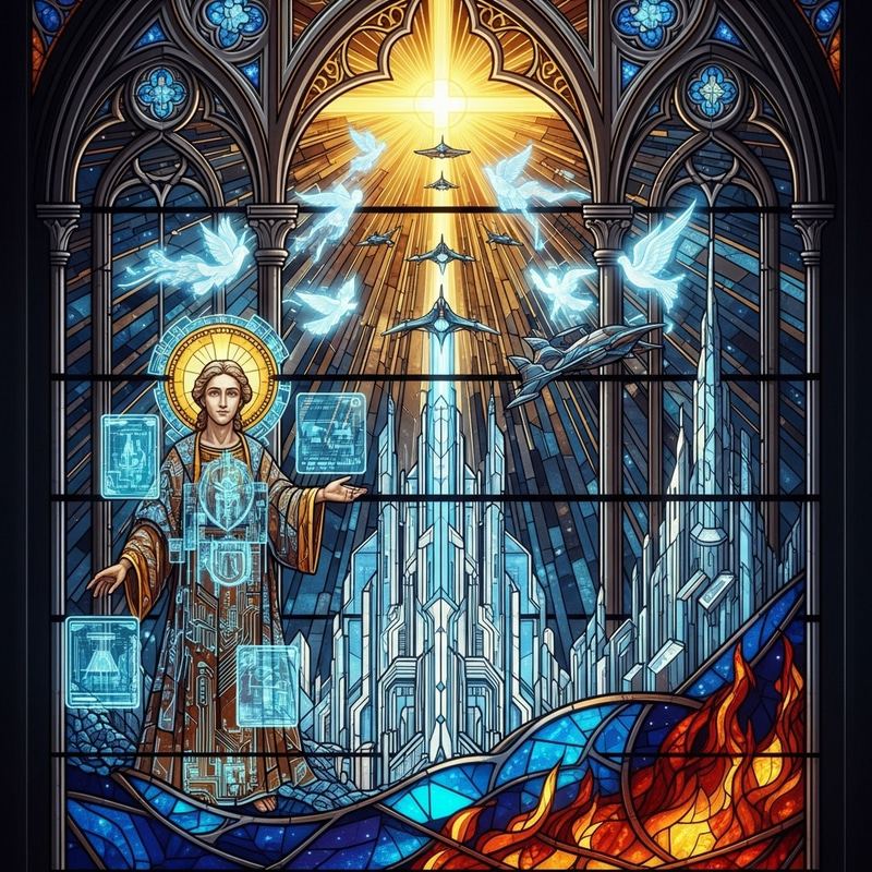 Futuristic Stained Glass Window with Religious Scene