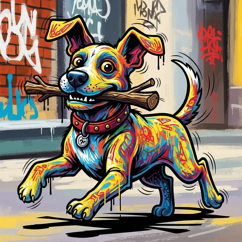 Mischievous Street Dog: Playful Graffiti Inspired Artwork Mischievous Street Dog: Playful Graffiti Inspired Artwork