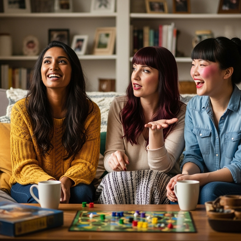 Three Friends Sharing Laughter and Stories at Home