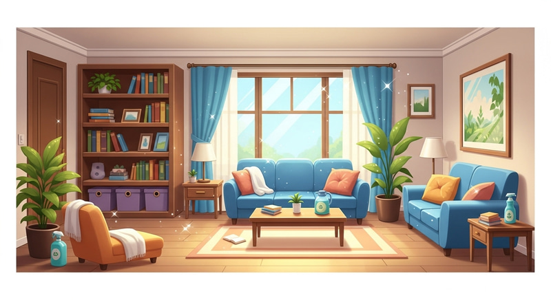Cartoon Family Home Cleaned with Eco-Friendly Products Cartoon Family Home Cleaned with Eco-Friendly Products