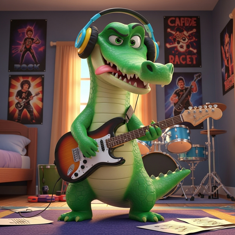 Funny Green Teenage Crocodile Cartoon Scene Funny Green Teenage Crocodile Cartoon Scene