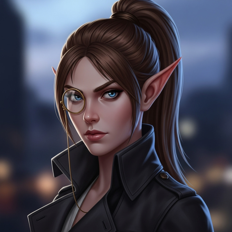 Realistic Female Elf Detective with Chestnut Hair & Monocle