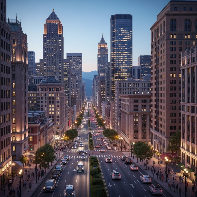 Diverse Cityscape with Vibrant Buildings and Lively Streets