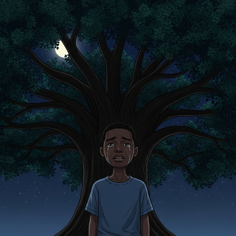 Emotional Black Boy Standing Under Grand Night Tree