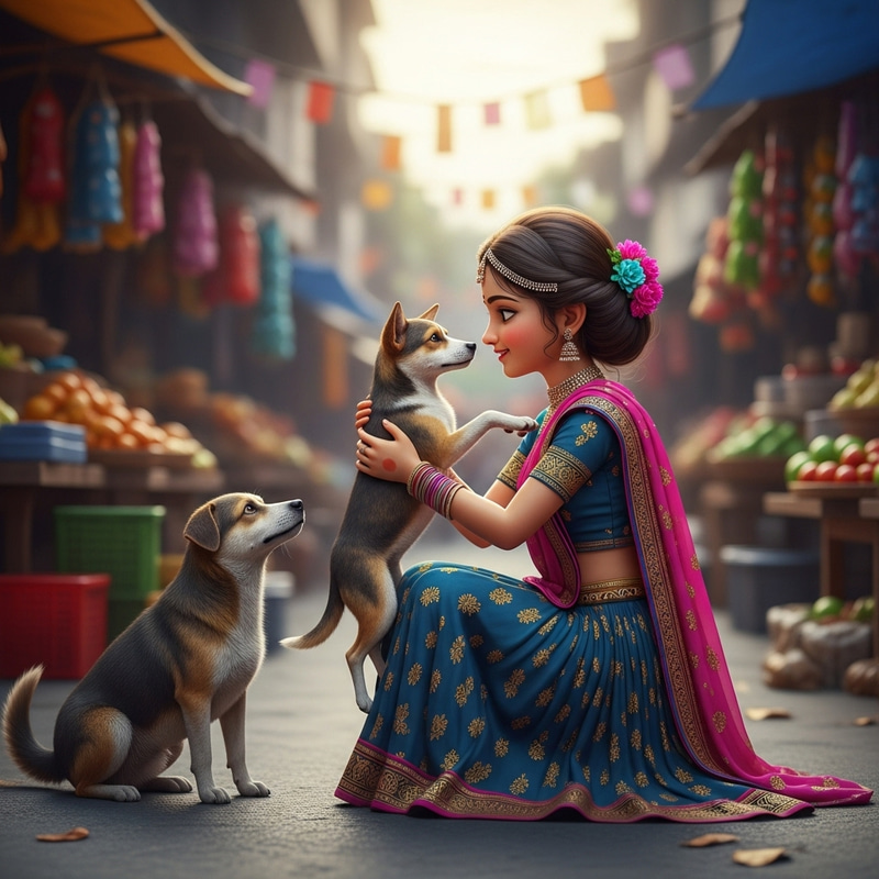 Heartwarming 3D Image: Indian Girl Embracing Street Dog on Market Road Heartwarming 3D Image: Indian Girl Embracing Street Dog on Market Road
