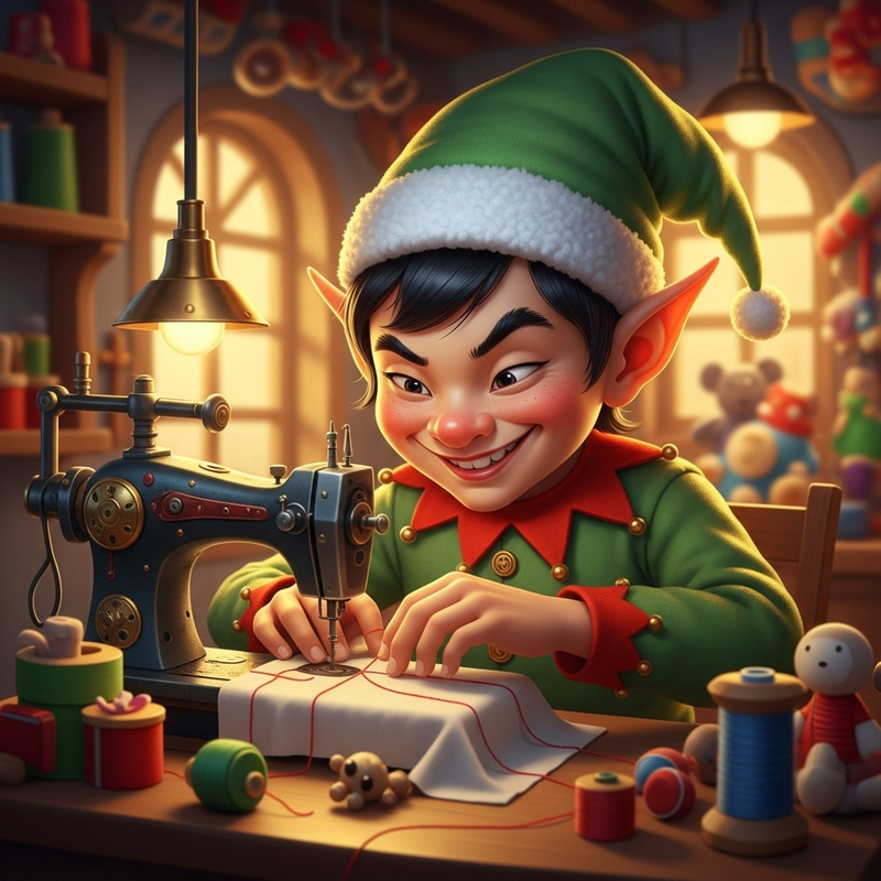 Whimsical Christmas Elf Sewing in Toy Factory - Festive Miniature Fantasy Scene