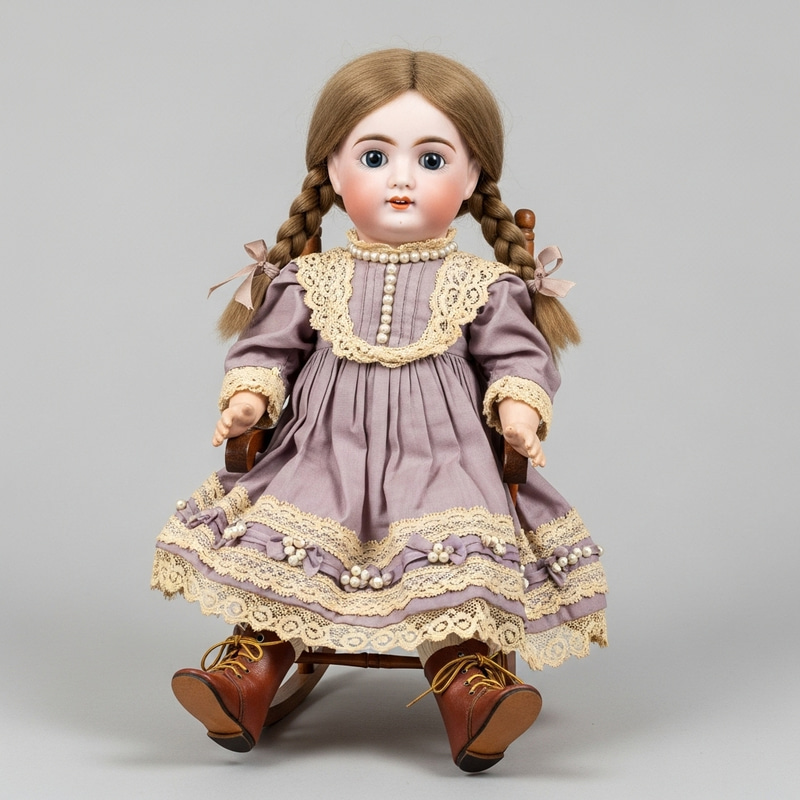 Charming Antique Doll with Sparkling Blue Eyes and Braided Pigtails Charming Antique Doll with Sparkling Blue Eyes and Braided Pigtails