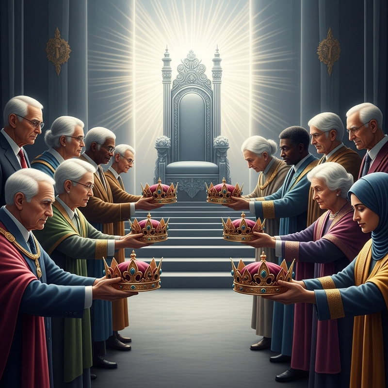 Elders Casting Down Golden Crowns Before Divine Throne Elders Casting Down Golden Crowns Before Divine Throne
