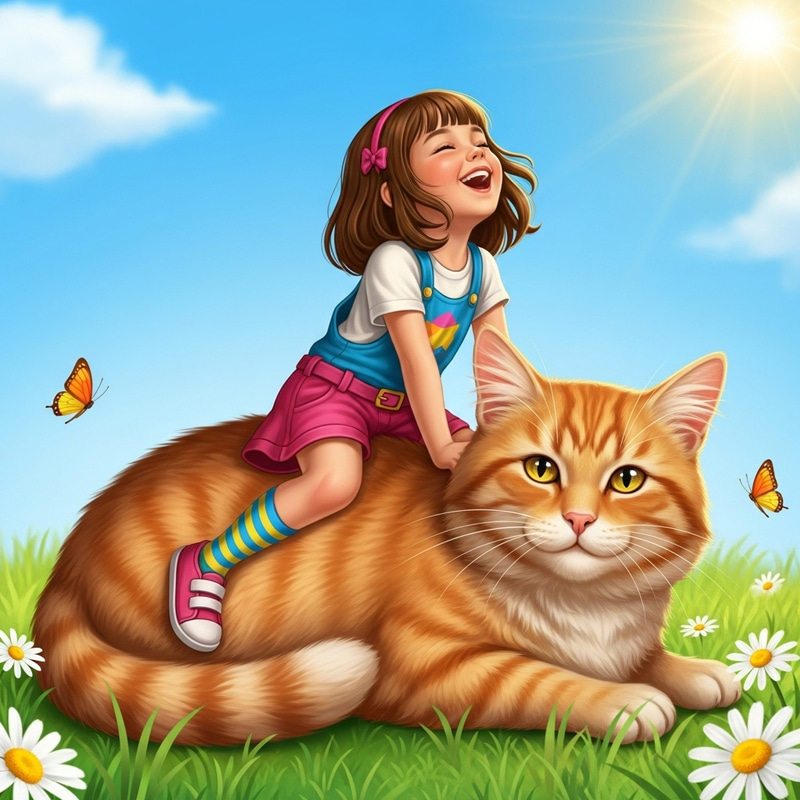 Joyful Girl Pretend Riding Orange Tabby Cat Outdoors