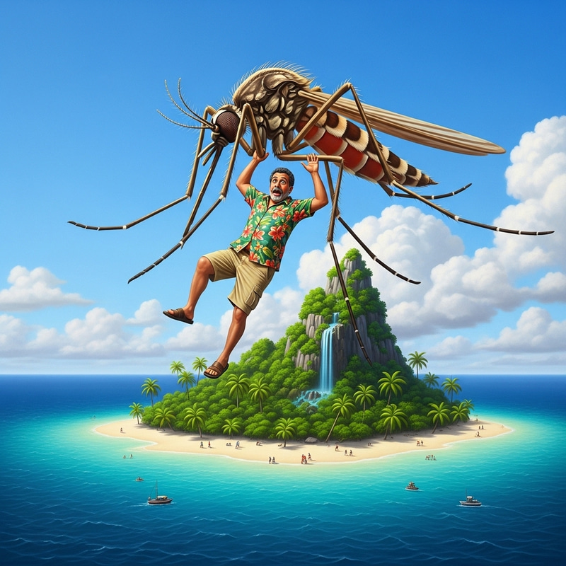 Realistic Mosquito Carrying Frightened Man | Tropical Island Art