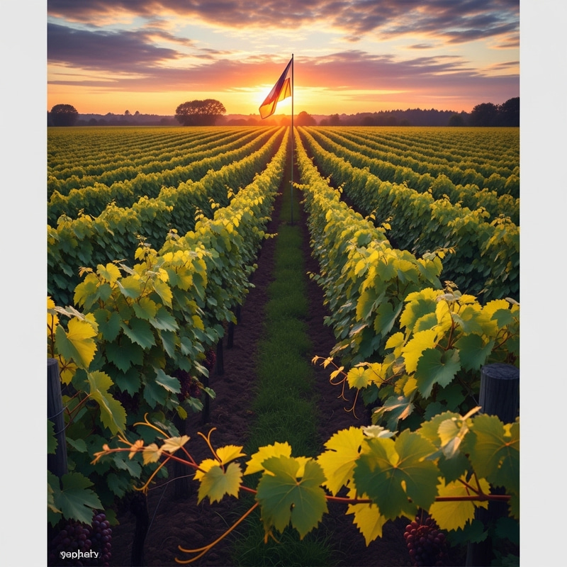 Tranquil Vineyard Sunset Scene - Flags Amongst Green Vines Tranquil Vineyard Sunset Scene - Flags Amongst Green Vines