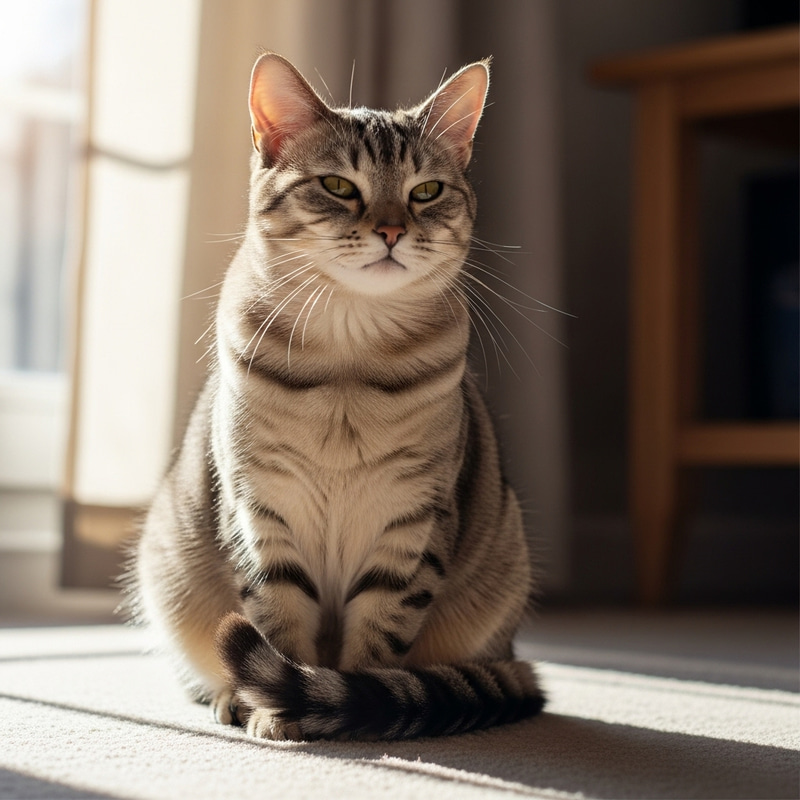 Happy Cat Sitting on Plush Carpet Happy Cat Sitting on Plush Carpet