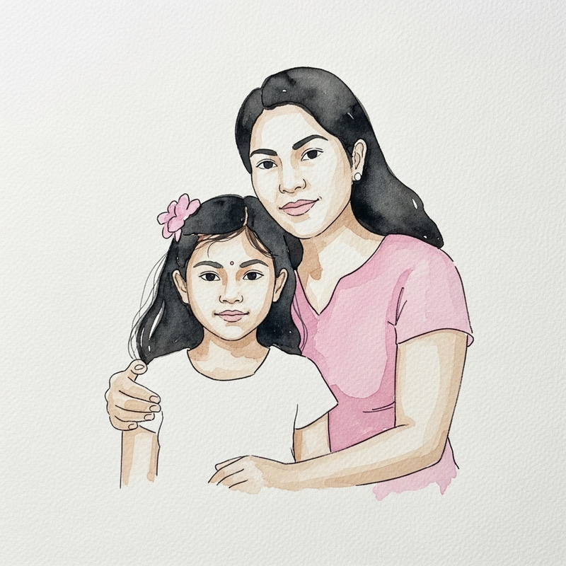 Beautiful Watercolor Painting of Mother and Daughter Beautiful Watercolor Painting of Mother and Daughter