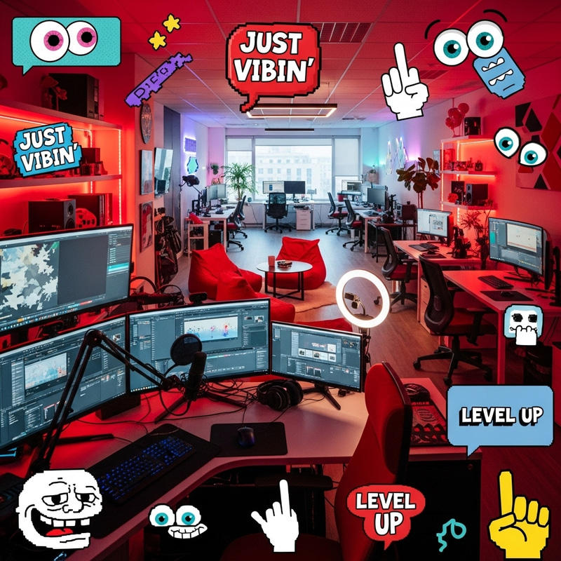 Vivid Meme-Themed Creator Studio with Red Color Palette