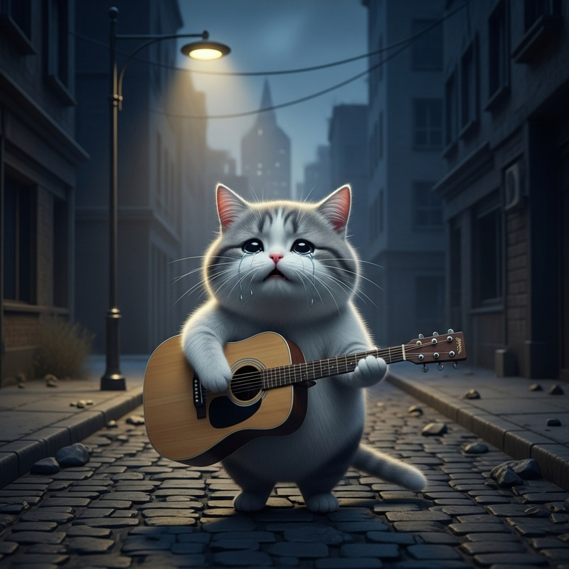 Crying Cat Playing Guitar in Urban Landscape