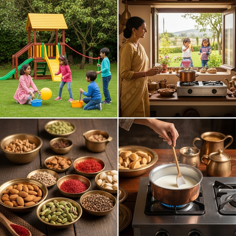 Traditional Indian Kitchen: Kids Playing in Vibrant Garden Traditional Indian Kitchen: Kids Playing in Vibrant Garden