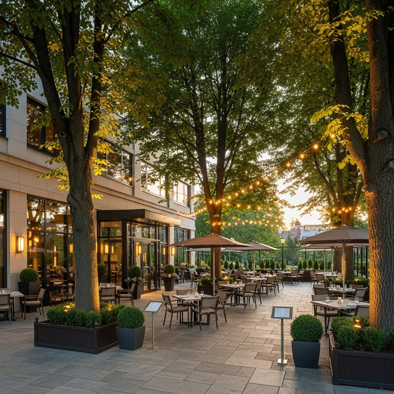 Tranquil Terrace Design: Enchanting Trees at Restaurant
