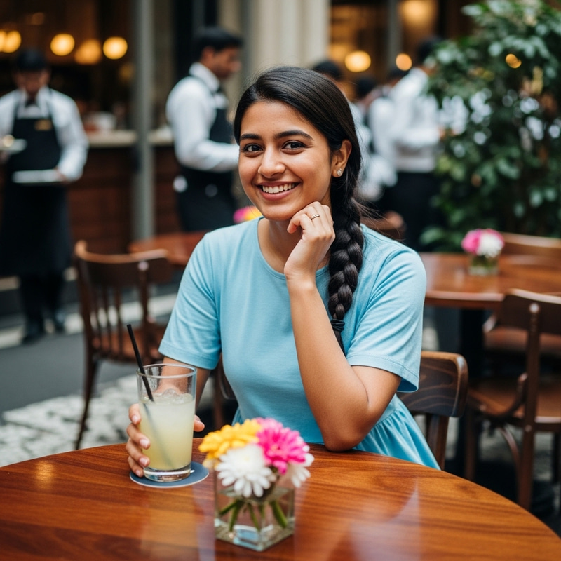 Young South Asian Woman in City Restaurant | Blue Dress & Lemonade