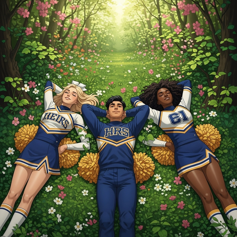 Cheerleaders Sunbathing in Spring Forest - Cheerful Unity Cheerleaders Sunbathing in Spring Forest - Cheerful Unity