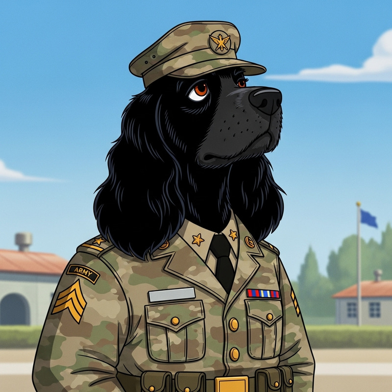 Cartoon Black Cocker Spaniel in Army Attire Cartoon Black Cocker Spaniel in Army Attire