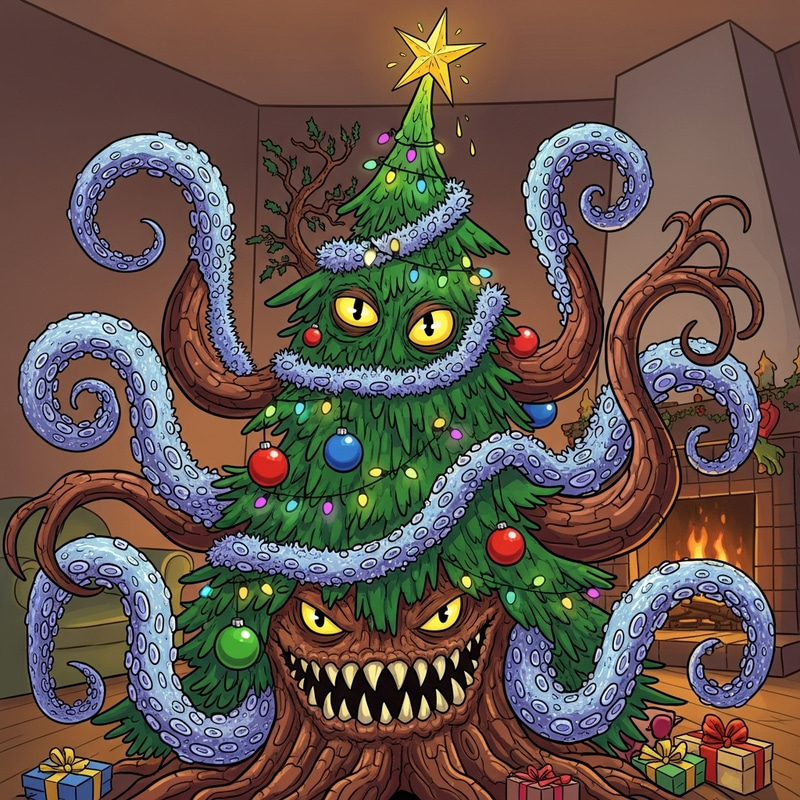 Funny Monster Christmas Tree with Tinsel Tentacles | Festive Decorations