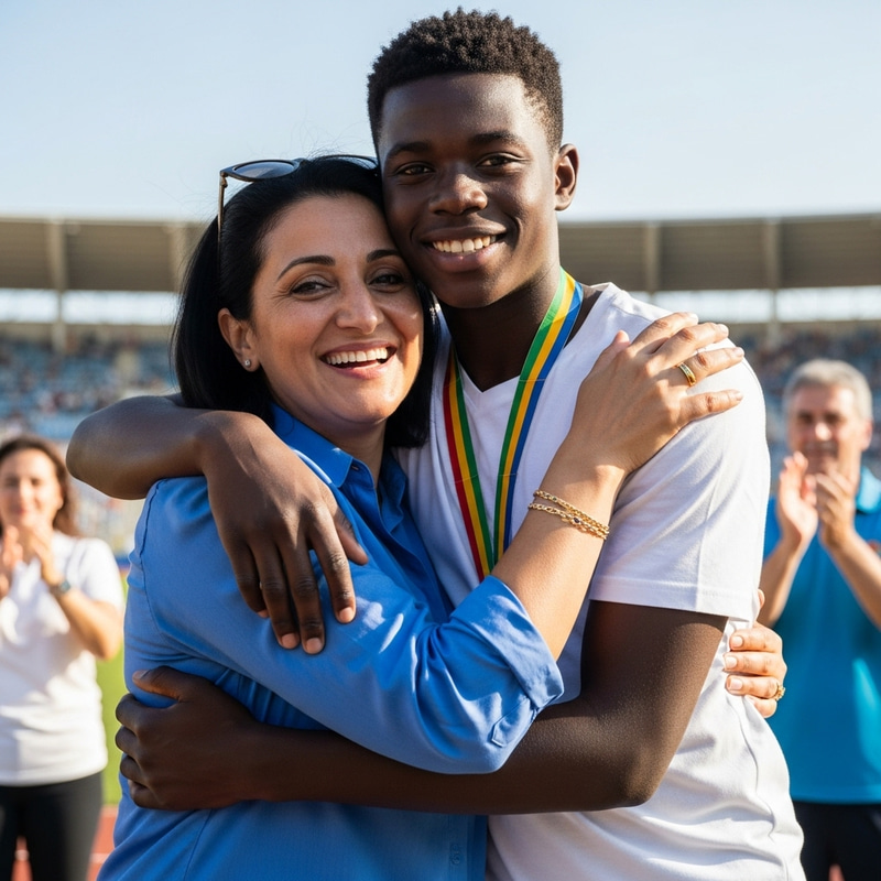 Heartwarming Moment: Mom Hugs Son in Celebratory Victory Heartwarming Moment: Mom Hugs Son in Celebratory Victory
