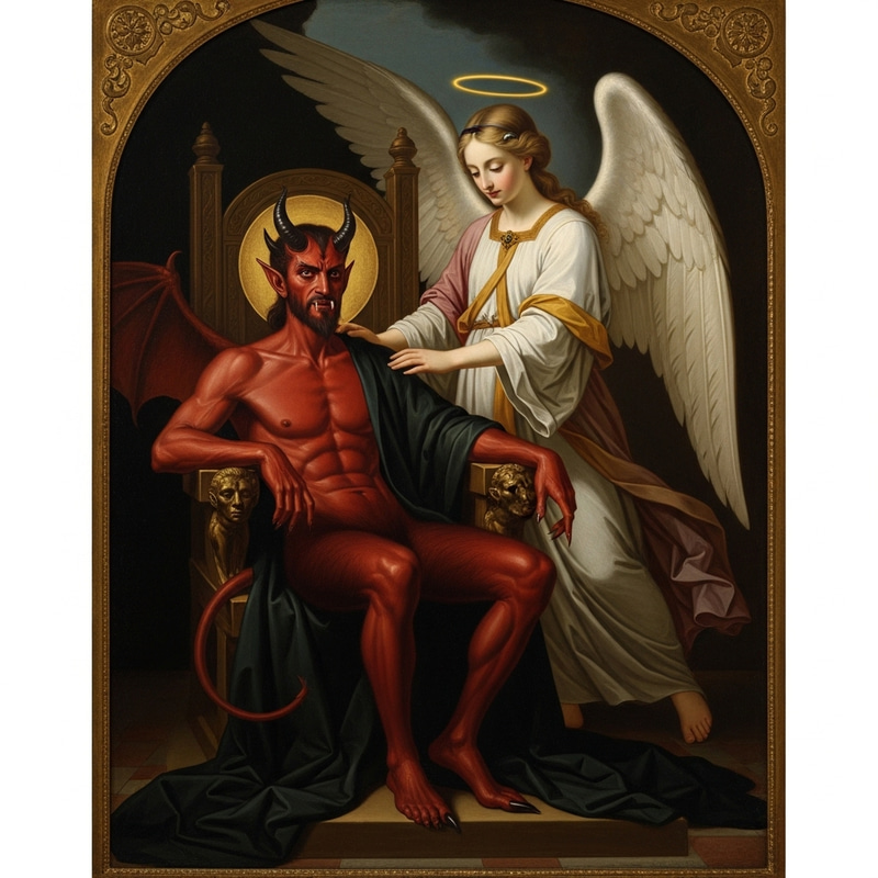 Devil and Angel on Throne: Eerie Encounter in Classic Scene Devil and Angel on Throne: Eerie Encounter in Classic Scene