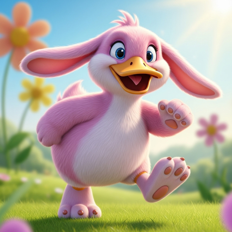 Whimsical Pink Furry Duck with Rabbit Features Whimsical Pink Furry Duck with Rabbit Features