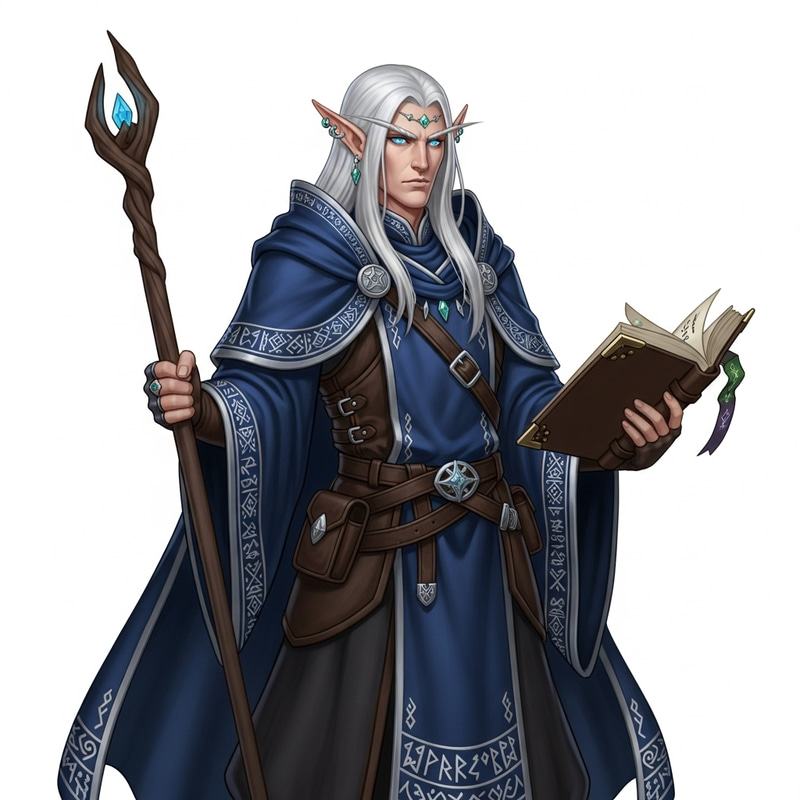 Male Elf Wizard in Deep Blue Robe: Powerful Magic Art Male Elf Wizard in Deep Blue Robe: Powerful Magic Art