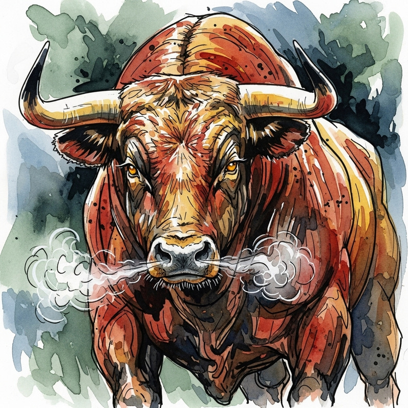 Colorful Watercolor Painting of a Strong Bull with Detailed Contour Lines