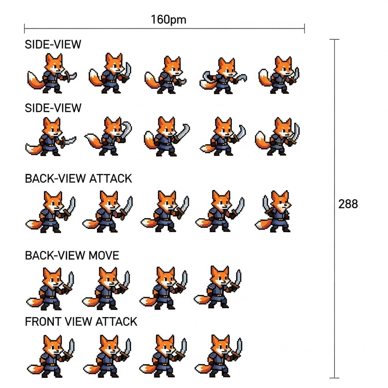 Detailed Pixel Art Sprite Sheet for Fox Character in Tabletop RPG Setting Detailed Pixel Art Sprite Sheet for Fox Character in Tabletop RPG Setting